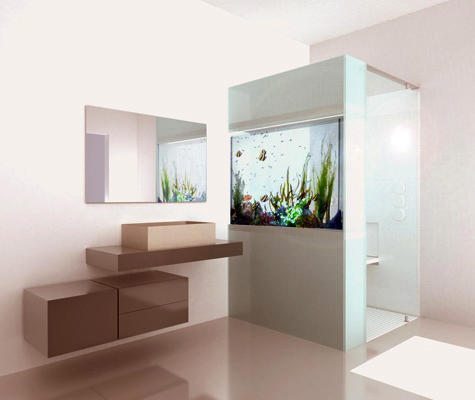 Imagen de cuarto de baño con ducha de puerta transparente y panel lateral con acuario incrustado
