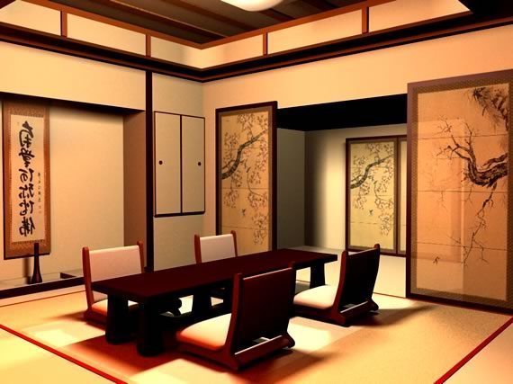 Habitación estilo oriental con paneles tradicionales como puertas hacia la esquina superior derecha y en el centro una mesa baja de madera oscura con cuatro sillas con respaldo acolchonado blanco. Piso de tatami y paredes en color beige con divisiones superiores en madera oscura.