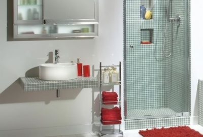 Baño con ducha con paredes blancas en el exterior y mosaicos color turquesa viejo en el interior.